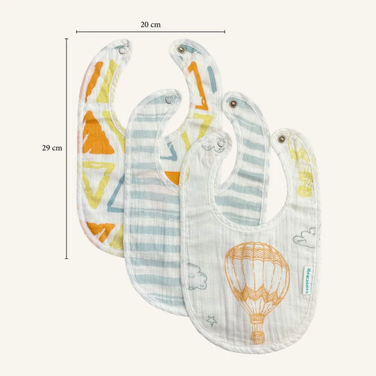 Abracadabra Muslin Bibs-Hot Air Balloon-Foldable-With Snap Button-Pack of 3-For Infants