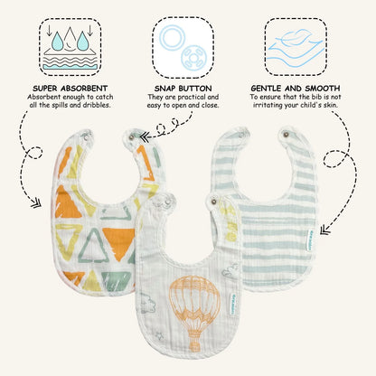 Abracadabra Muslin Bibs-Hot Air Balloon-Foldable-With Snap Button-Pack of 3-For Infants