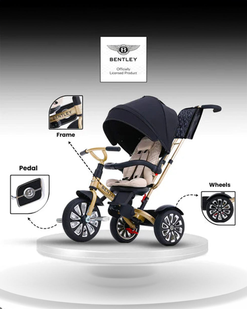 Bentley Mulliner 6 in 1 Trike Stroller Continental GT Mulliner Style Replica Wheels Cross Stiched Cushioned Seats With Bentley Badge Anti Slip Pedals For 6M to 5Y Upto 25 Kg Gold Extra 5 Off duckduck...