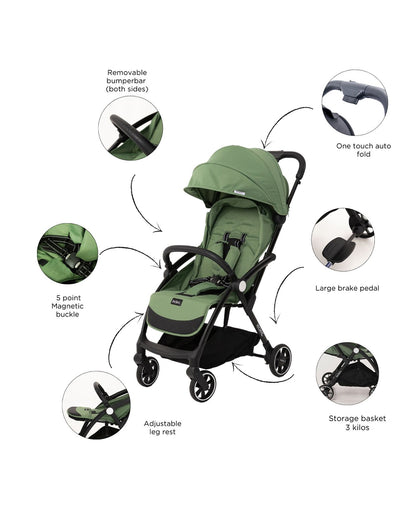 Leclerc Magic Fold Plus Lightweight Stroller-Air Cabin Friendly-Flat Reclining Seat-One Touch Fold-with Free Gift Hamper-2 Year Warranty-for 6M to 5Y (Upto 22Kg)-Green