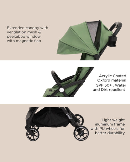 Leclerc Magic Fold Plus Lightweight Stroller-Air Cabin Friendly-Flat Reclining Seat-One Touch Fold-with Free Gift Hamper-2 Year Warranty-for 6M to 5Y (Upto 22Kg)-Green