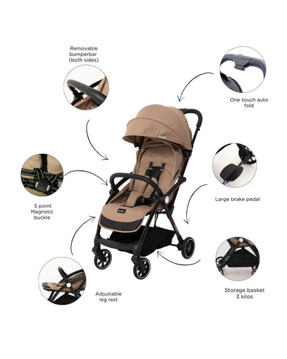 Leclerc Magic Fold Plus Lightweight Stroller-Air Cabin Friendly-Flat Reclining Seat-One Touch Fold-Includes Rain Cover, Travel Bag & Cup Holder-2 Year Warranty-for 6M to 5Y (Upto 22Kg)-Sand