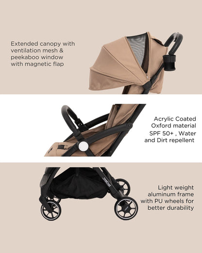 Leclerc Magic Fold Plus Lightweight Stroller-Air Cabin Friendly-Flat Reclining Seat-One Touch Fold-Includes Rain Cover, Travel Bag & Cup Holder-2 Year Warranty-for 6M to 5Y (Upto 22Kg)-Sand