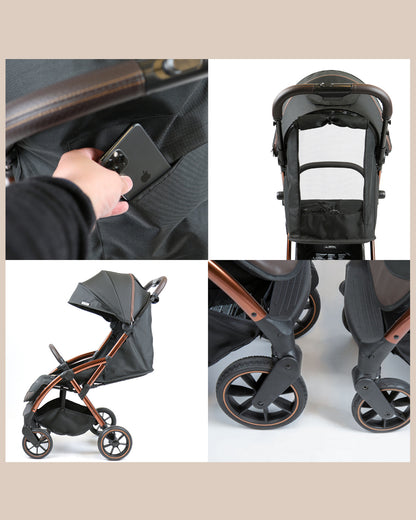 Leclerc Influencer XL Stroller-Air Cabin Friendly-Flat Reclining Seat-One Touch Fold-With Large Frame and Wheels-Includes Travel Bag-2 Years Warranty-for 6M to 5Y (Upto 22Kg)-Black Brown