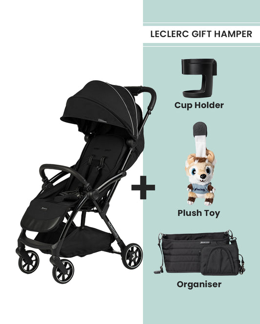 Leclerc Influencer Air Lightweight Baby Stroller-Air Cabin Friendly-One Touch Fold-With Free Gift Hamper-2 Years Warranty-For 6M to 5Y (Upto 22 Kg)-Piano Black