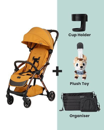 Leclerc Influencer Air Twin Stroller-Air Cabin Friendly-Flat Reclining Seat-One Touch Fold-Includes Individual Travel Bags & Twin Stroller Connectors-2 Years Warranty-For 6M to 5Y (Upto 22 Kg Each Stroller)-Golden Mustard