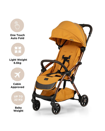 Leclerc Influencer Air Lightweight Baby Stroller-Air Cabin Friendly-One Touch Fold-With Free Gift Hamper-2 Years Warranty-For 6M to 5Y (Upto 22 Kg)-Golden Mustard