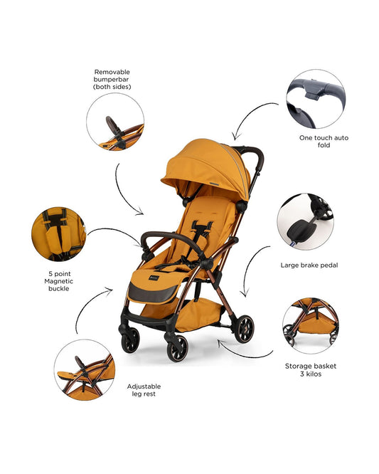 Leclerc Influencer Air Twin Stroller-Air Cabin Friendly-Flat Reclining Seat-One Touch Fold-Includes Individual Travel Bags & Twin Stroller Connectors-2 Years Warranty-For 6M to 5Y (Upto 22 Kg Each Stroller)-Golden Mustard