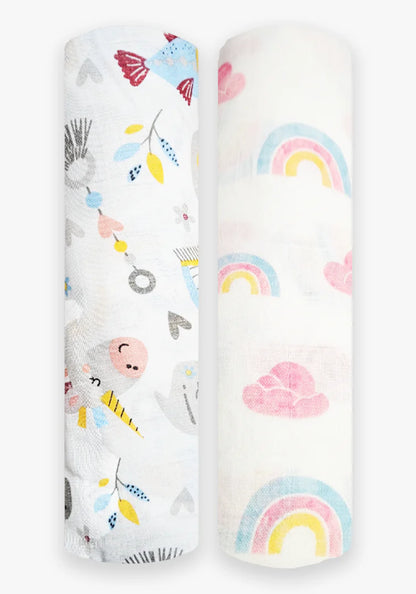 Polka Tots Rainbow Mist & Hello Baby Printed Swaddles-Organic Muslin Cotton-Infant Wraps-Pack of 2