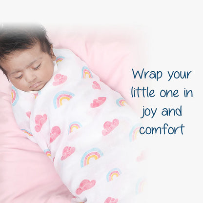 Polka Tots Rainbow Mist & Hello Baby Printed Swaddles-Organic Muslin Cotton-Infant Wraps-Pack of 2