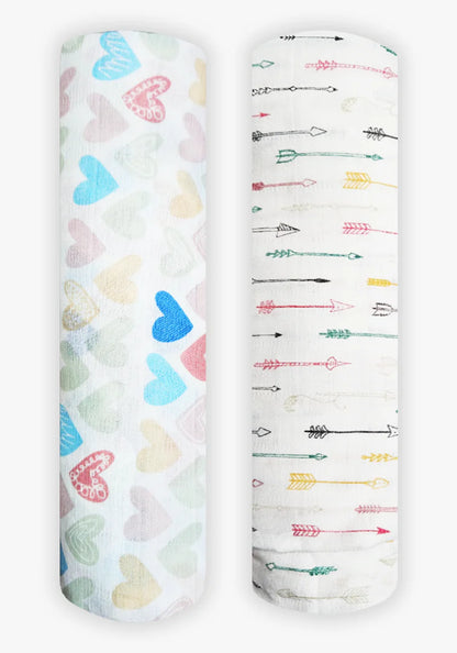 Polka Tots Miny Hearts & Cupid Print Swaddles-Organic Muslin Cotton-Infant Wraps-Pack of 2