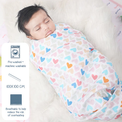 Polka Tots Miny Hearts & Cupid Print Swaddles-Organic Muslin Cotton-Infant Wraps-Pack of 2