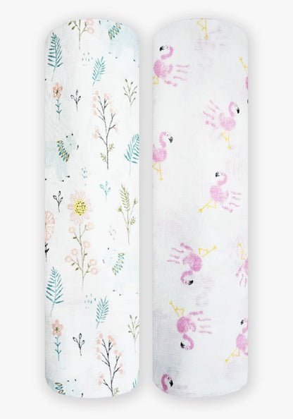 Polka Tots Flamingo Fingers & Bloomy Bear Printed Swaddles-Organic Muslin Cotton-Infant Wraps-Pack of 2