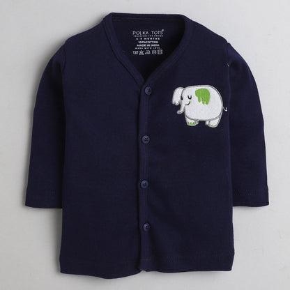 Polka Tots Navy Blue Jhabla-Elephant Embroidered-Cotton-For Infants