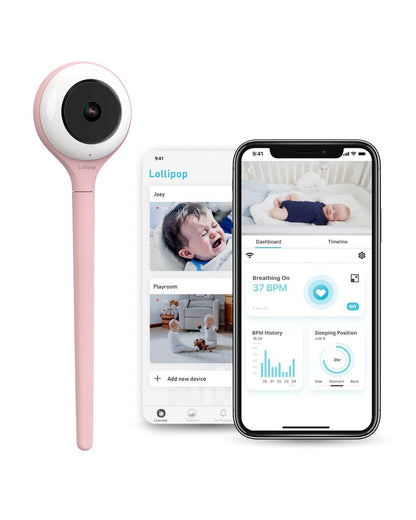 Lollipop Smart Baby Monitor with Flexible design-Contactless Breathing Monitoring, Sleep Tracking & Noise Detection-Cotton Candy