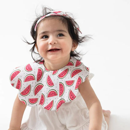 Rattle & Co Cotton Bib & Bow Set-Snap Button Closure-With Waterproof Lining-Watermelon Whirl-For Infants