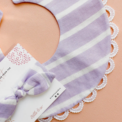 Rattle & Co Cotton Bib & Bow Set-Snap Button Closure-With Waterproof Lining-Lilac Lullaby-For Infants