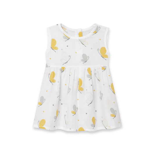 The Boo Boo Club White & Yellow Frock Dress-Butterfly-Muslin-For Infants