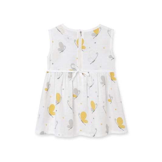 The Boo Boo Club White & Yellow Frock Dress-Butterfly-Muslin-For Infants