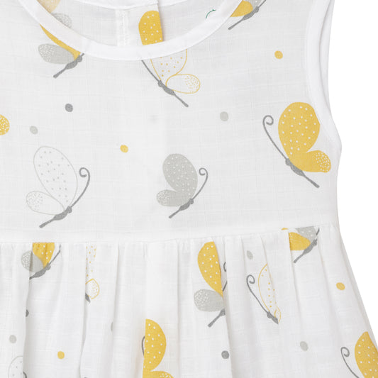 The Boo Boo Club White & Yellow Frock Dress-Butterfly-Muslin-For Infants