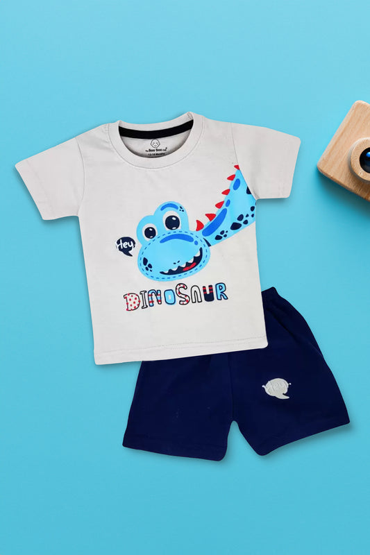 The Boo Boo Club Grey & Blue T-shirt & Shorts-Dino-Cotton-For Infants