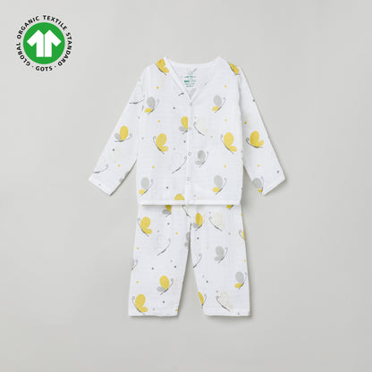 The Boo Boo Club White & Yellow Nightsuit-Butterfly-Muslin-For Infants