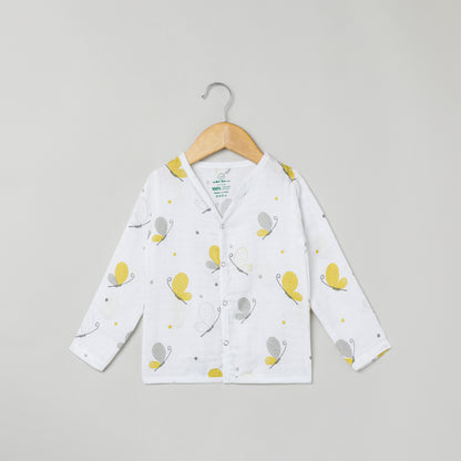 The Boo Boo Club White & Yellow Nightsuit-Butterfly-Muslin-For Infants