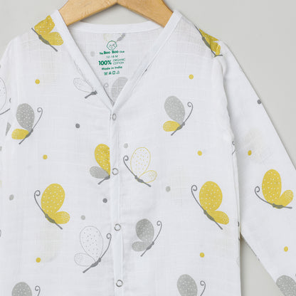 The Boo Boo Club White & Yellow Nightsuit-Butterfly-Muslin-For Infants