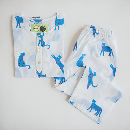 Mouse in the House White & Blue Nightsuit-Blue Panther-Cotton-For Infants