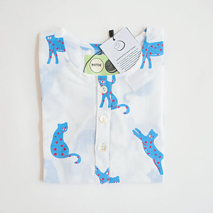 Mouse in the House White & Blue Nightsuit-Blue Panther-Cotton-For Infants