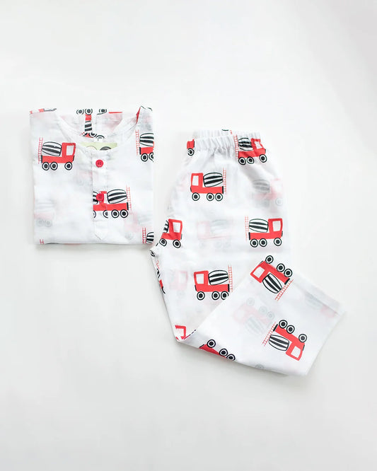 Mouse in the House White & Red Nightsuit-Whirly Cement Mixer-Cotton-For Infants