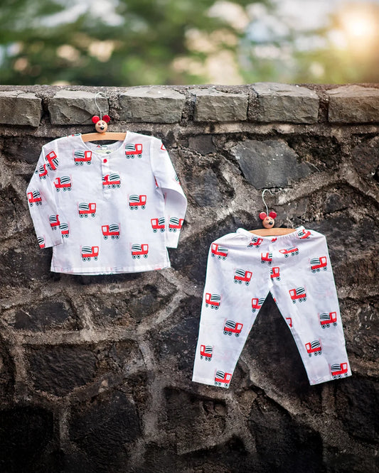 Mouse in the House White & Red Nightsuit-Whirly Cement Mixer-Cotton-For Infants