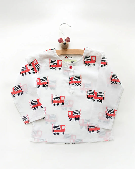 Mouse in the House White & Red Nightsuit-Whirly Cement Mixer-Cotton-For Infants