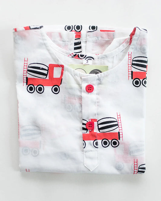 Mouse in the House White & Red Nightsuit-Whirly Cement Mixer-Cotton-For Infants
