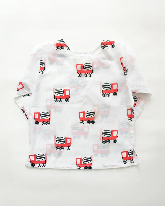 Mouse in the House White & Red Nightsuit-Whirly Cement Mixer-Cotton-For Infants