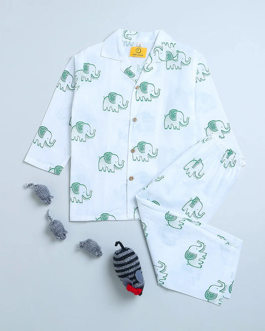 Mouse in the House White & Green Nightsuit-A Stomping Elephant-Cotton-For Infants