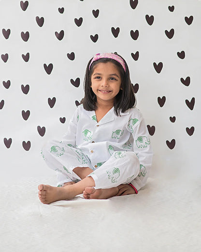 Mouse in the House White & Green Nightsuit-A Stomping Elephant-Cotton-For Infants