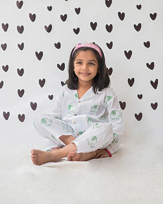 Mouse in the House White & Green Nightsuit-A Stomping Elephant-Cotton-For Infants