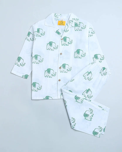Mouse in the House White & Green Nightsuit-A Stomping Elephant-Cotton-For Infants
