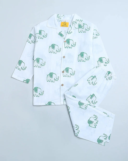 Mouse in the House White & Green Nightsuit-A Stomping Elephant-Cotton-For Infants