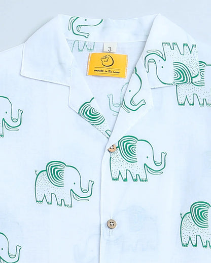 Mouse in the House White & Green Nightsuit-A Stomping Elephant-Cotton-For Infants