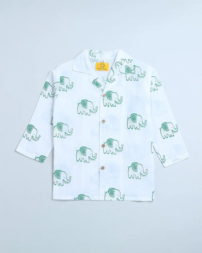 Mouse in the House White & Green Nightsuit-A Stomping Elephant-Cotton-For Infants
