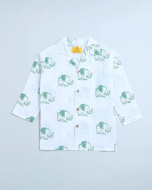 Mouse in the House White & Green Nightsuit-A Stomping Elephant-Cotton-For Infants