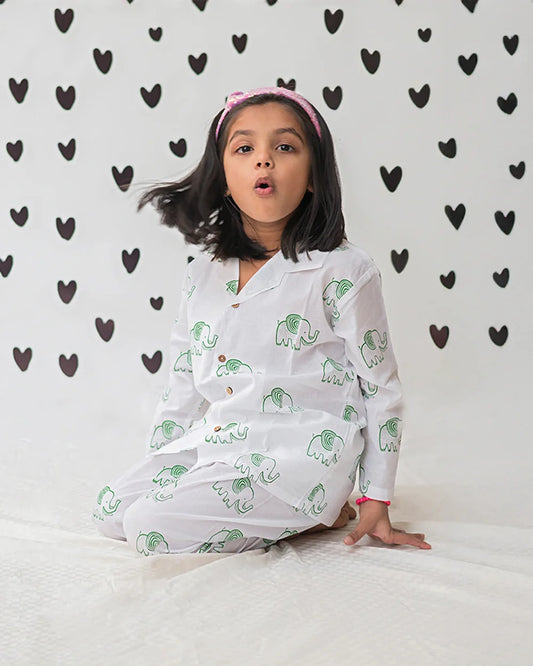 Mouse in the House White & Green Nightsuit-A Stomping Elephant-Cotton-For Infants