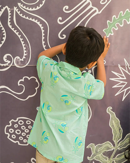 Mouse in the House Light Blue Shirt-Olive The Seashells-Cotton-For Infants