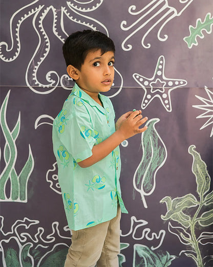 Mouse in the House Light Blue Shirt-Olive The Seashells-Cotton-For Infants