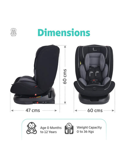 R for Rabbit Jack N Jill Grand ISOFIX Baby Car Seat-360 Degree Rotation-ECE R44/04 Certified-For 0 to 12Y (Upto 36 Kg)-Black Grey