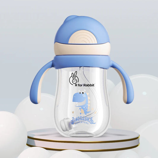 R for Rabbit Tritan Dino Straw Sipper Bottle-With Gravity Ball Weighted Straw-Twin Handle-Cream Blue-320 ml