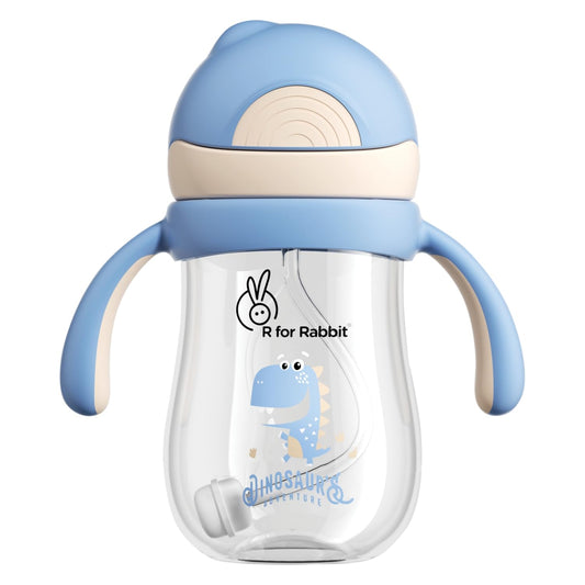 R for Rabbit Tritan Dino Straw Sipper Bottle-With Gravity Ball Weighted Straw-Twin Handle-Cream Blue-320 ml