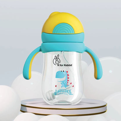 R for Rabbit Tritan Dino Straw Sipper Bottle-With Gravity Ball Weighted Straw-Twin Handle-Yellow Blue-320 ml